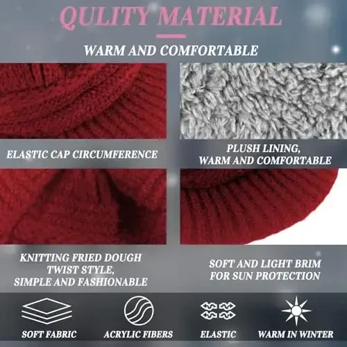 Mepase 3 Pieces Women Warm Hat for Winter Slouchy Beanie Cap with Visor Knitted Newsboy Hats for Women Ski Snow - 5