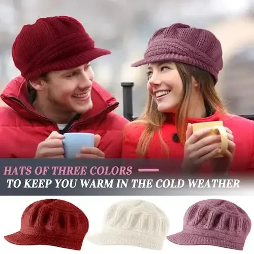 Mepase 3 Pieces Women Warm Hat for Winter Slouchy Beanie Cap with Visor Knitted Newsboy Hats for Women Ski Snow - 7