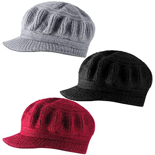 Mepase 3 Pieces Women Warm Hat for Winter Slouchy Beanie Cap with Visor Knitted Newsboy Hats for Women Ski Snow - 14