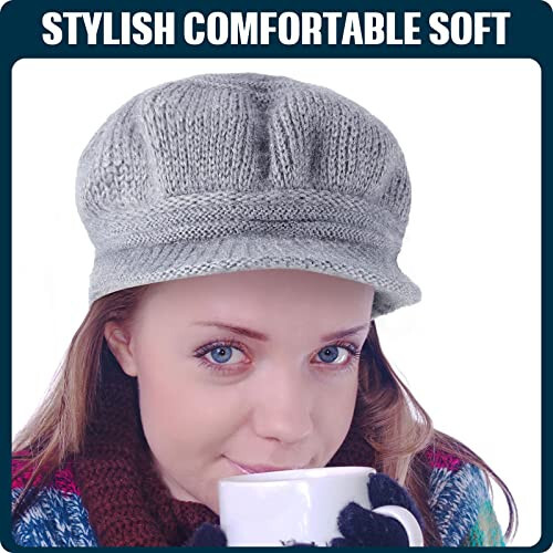 Mepase 3 Pieces Women Warm Hat for Winter Slouchy Beanie Cap with Visor Knitted Newsboy Hats for Women Ski Snow - 17