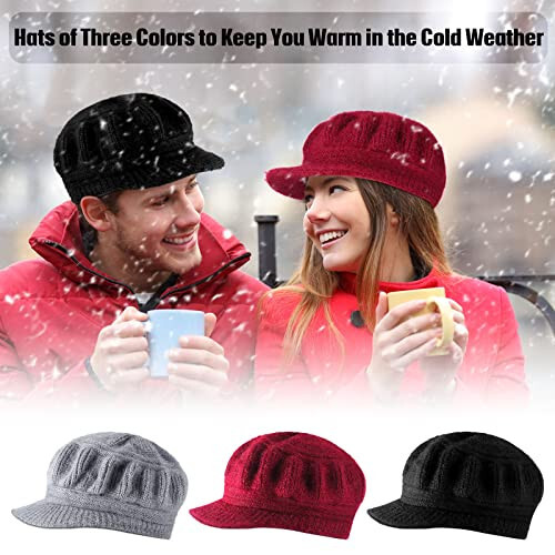 Mepase 3 Pieces Women Warm Hat for Winter Slouchy Beanie Cap with Visor Knitted Newsboy Hats for Women Ski Snow - 20