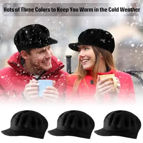 Mepase 3 Pieces Women Warm Hat for Winter Slouchy Beanie Cap with Visor Knitted Newsboy Hats for Women Ski Snow 