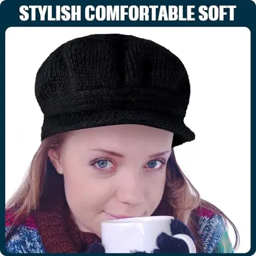 Mepase 3 Pieces Women Warm Hat for Winter Slouchy Beanie Cap with Visor Knitted Newsboy Hats for Women Ski Snow - 7