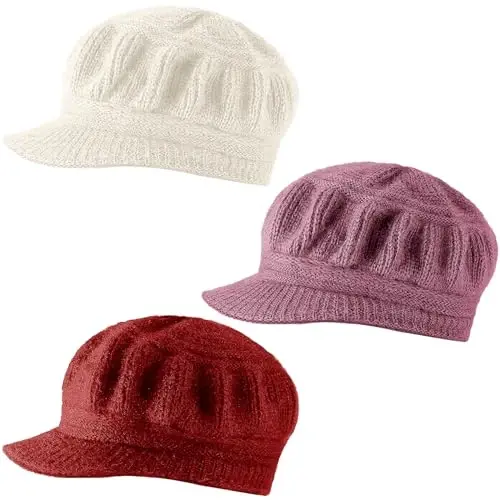 Mepase 3 Pieces Women Warm Hat for Winter Slouchy Beanie Cap with Visor Knitted Newsboy Hats for Women Ski Snow 