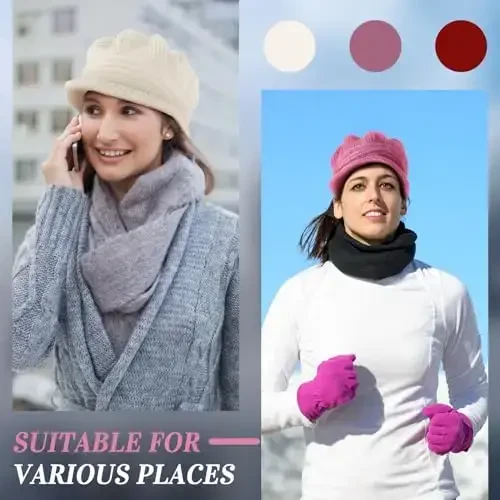 Mepase 3 Pieces Women Warm Hat for Winter Slouchy Beanie Cap with Visor Knitted Newsboy Hats for Women Ski Snow - 4
