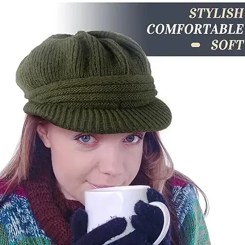Mepase 3 Pieces Women Warm Hat for Winter Slouchy Beanie Cap with Visor Knitted Newsboy Hats for Women Ski Snow - 6