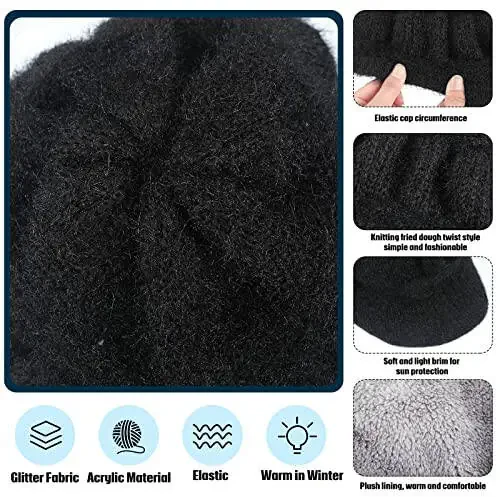 Мепасе 3 штуки Женские тёплые шапки для зимы, Свободные шапки бини с козырьком, Вязаные кепки в стиле кепи для женщин, для лыж, снега - 5