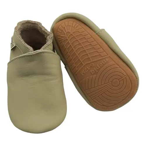 mepiq Baby Leather Moccasins Anti-Slip Rubber Sole Pre-Walker Crib Shoes | Breathable genuine leather,Durable rubber sole with deep grip treads,Elastic ankle stays on,Fits 0-24 months - MEPIQ (1)