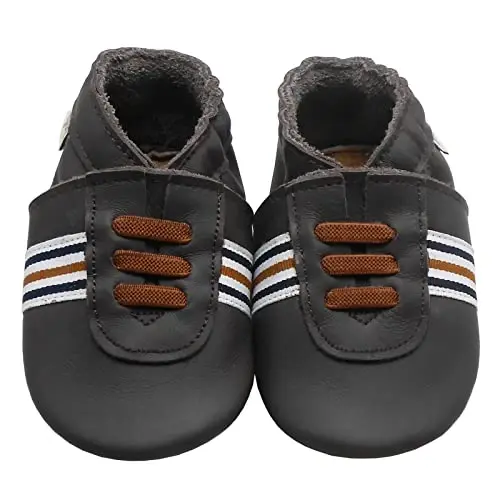 mepiq Baby Leather Moccasins Anti-Slip Rubber Sole Pre-Walker Crib Shoes | Breathable genuine leather,Durable rubber sole with deep grip treads,Elastic ankle stays on,Fits 0-24 months - MEPIQ (1)