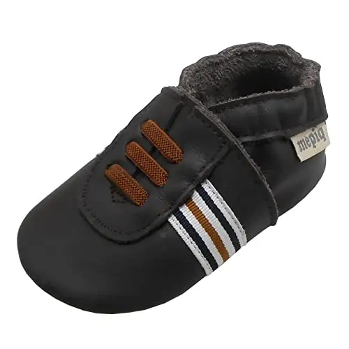 mepiq Baby Leather Moccasins Anti-Slip Rubber Sole Pre-Walker Crib Shoes | Breathable genuine leather,Durable rubber sole with deep grip treads,Elastic ankle stays on,Fits 0-24 months - 3