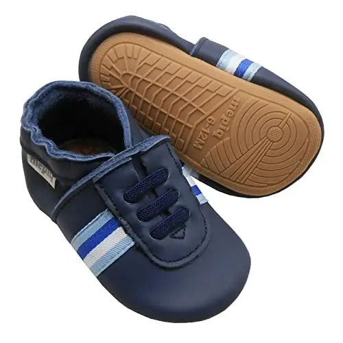 mepiq Baby Leather Moccasins Anti-Slip Rubber Sole Pre-Walker Crib Shoes | Breathable genuine leather,Durable rubber sole with deep grip treads,Elastic ankle stays on,Fits 0-24 months - 1
