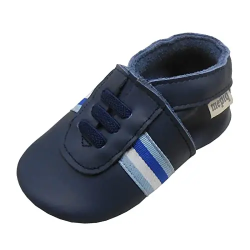 mepiq Baby Leather Moccasins Anti-Slip Rubber Sole Pre-Walker Crib Shoes | Breathable genuine leather,Durable rubber sole with deep grip treads,Elastic ankle stays on,Fits 0-24 months - 3