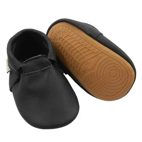 mepiq Baby Leather Moccasins Anti-Slip Rubber Sole Pre-Walker Crib Shoes | Breathable genuine leather,Durable rubber sole with deep grip treads,Elastic ankle stays on,Fits 0-24 months 