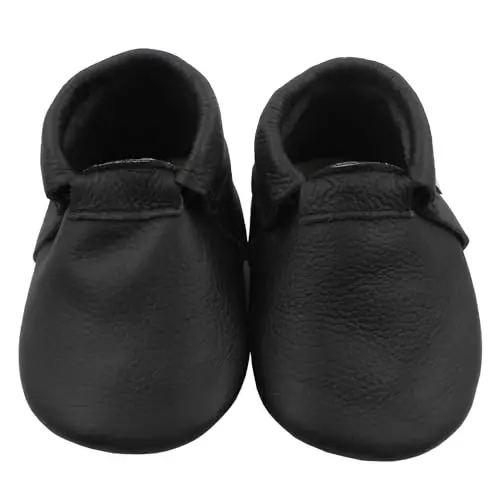 mepiq Baby Leather Moccasins Anti-Slip Rubber Sole Pre-Walker Crib Shoes | Breathable genuine leather,Durable rubber sole with deep grip treads,Elastic ankle stays on,Fits 0-24 months - MEPIQ (1)