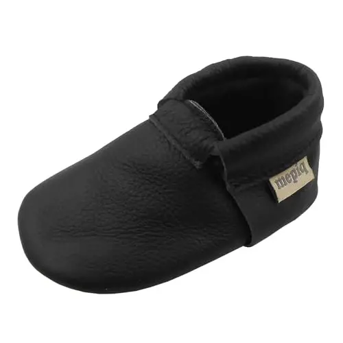 mepiq Baby Leather Moccasins Anti-Slip Rubber Sole Pre-Walker Crib Shoes | Breathable genuine leather,Durable rubber sole with deep grip treads,Elastic ankle stays on,Fits 0-24 months - 4
