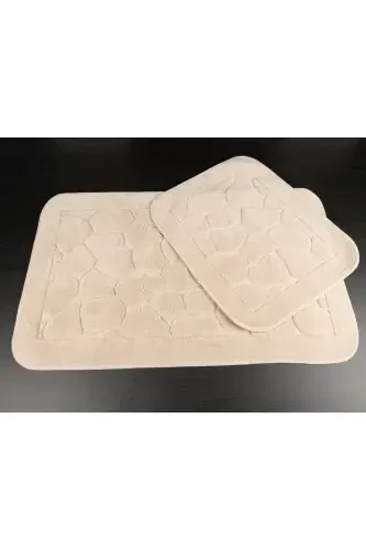 Mera Kaymaz Taban 2lı Pamuklu Banyo Paspası Yıkanabilir 60x100 50x60cm Banyo Halısı Bej-Bej - 1