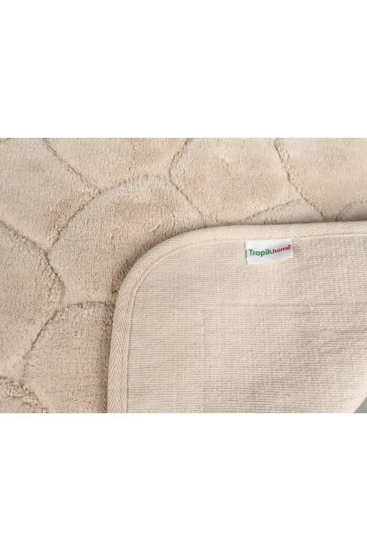 Mera Kaymaz Taban 2lı Pamuklu Banyo Paspası Yıkanabilir 60x100 50x60cm Banyo Halısı Bej - Bej - 3