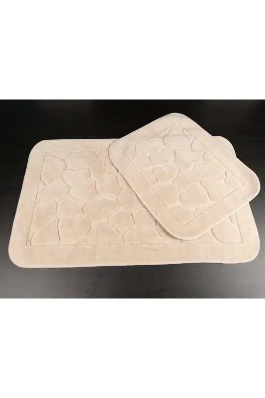 Mera Kaymaz Taban 2lı Pamuklu Banyo Paspası Yıkanabilir 60x100 50x60cm Banyo Halısı Bej-Bej - TROPIKHOME