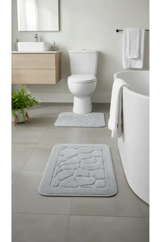 Mera Kaymaz Taban 2lı Pamuklu Banyo Paspası Yıkanabilir 60x100 50x60cm Banyo Halısı Gri-Gri - 1