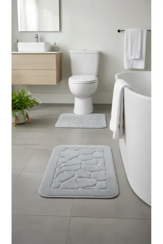 Mera Kaymaz Taban 2lı Pamuklu Banyo Paspası Yıkanabilir 60x100 50x60cm Banyo Halısı Gri-Gri 