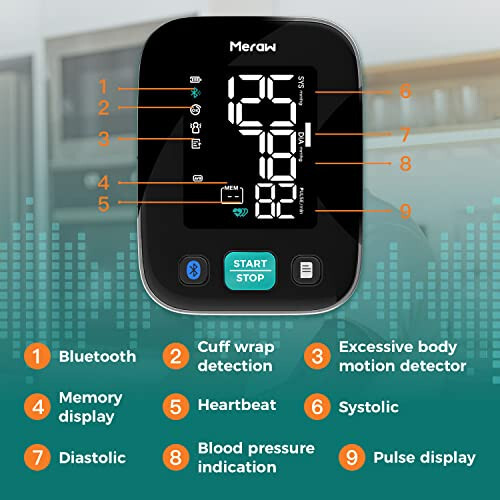 Meraw Ev Kullanımı İçin Uygulama ile Sağlık Takibi, Kan Basıncı Kol Bandı 8.6-16.5' Otomatik Basınçlama, Düzensiz Kalp Atışı İzleme, 8 Adet AAA Pil (siyah) - 9