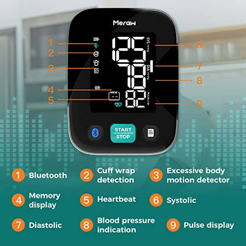 Meraw Ev Kullanımı İçin Uygulama ile Sağlık Takibi, Kan Basıncı Kol Bandı 8.6-16.5' Otomatik Basınçlama, Düzensiz Kalp Atışı İzleme, 8 Adet AAA Pil (siyah) - 9