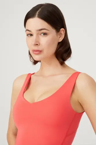 Mercan V Yaka Hafif Destekli Kaplı Spor Sütyeni Vneck-Mercan - 5