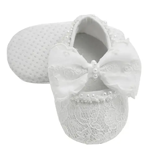 Nihao Baby Girls White Baptism Shoes and Headband Set Christening Dress Shoes - 1