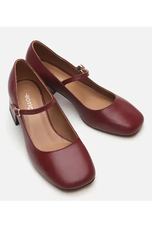 Мэри Джейн Натуральная Кожа Бордовый Женский Толстый Каблук - 3