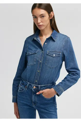 Merida Classic Denim Koyu Jean Gömlek Fitted / Vücuda Oturan Kesim 1210662-86490 - Lacivert-86490 