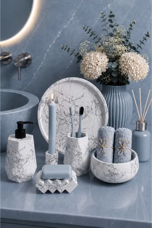 Mermer Desenli Beton 6 Parça Banyo Seti Sıvı Sabunluk Diş Fırçalık Tepsi Havluluk Banyo Aksesuar Takımı - Gümüş - 1