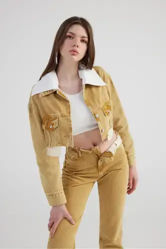 Mermer Desenli Çıkarılabilir Yaka Detaylı Crop Kesim Cepli Rusted Jean Ceket Camel - HOLLY LOLLY (1)