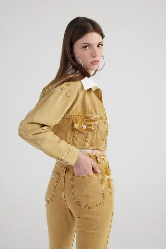 Mermer Desenli Çıkarılabilir Yaka Detaylı Crop Kesim Cepli Rusted Jean Ceket Camel - Camel - 1