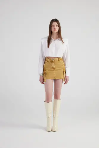 Mermer Desenli Kargo Cep Detaylı Mini Rusted Jean Etek Camel - Camel - 1