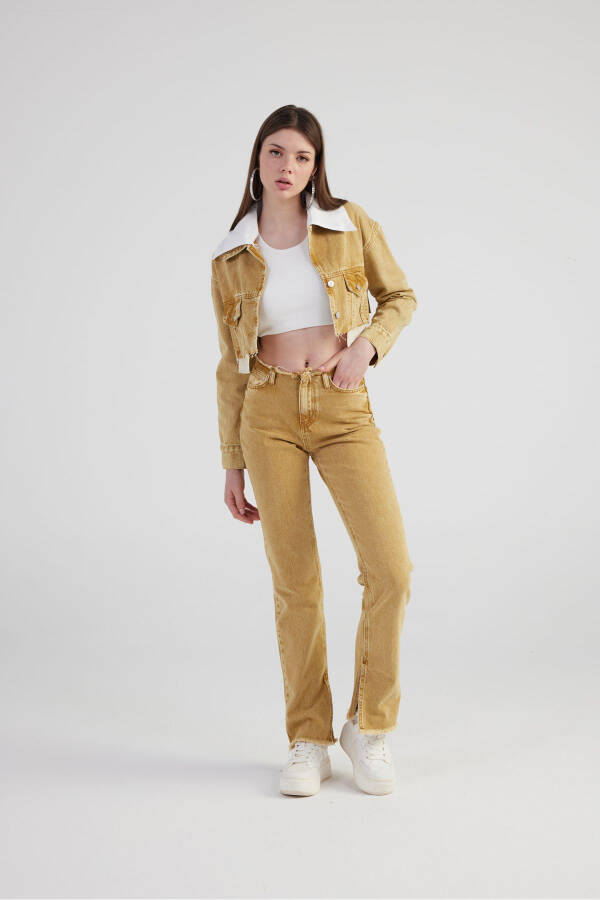 Mermer Desenli Kırçıl Detaylı Straight Kesim Paça Yırtmaçlı Rusted Jean Pantolon Camel - 3