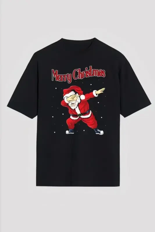 Merry Christmas Baskılı Noel Babalı T-shirt - Siyah - 1