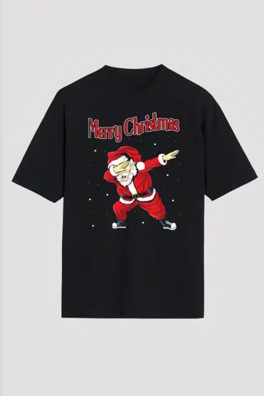 Merry Christmas Baskılı Noel Babalı T-shirt - Siyah - BÜYÜKBEDENIZ