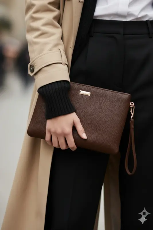 Metal Aksesuarlı El Askılı Portföy Clutch Çanta-Acı Kahve - BAGFONI