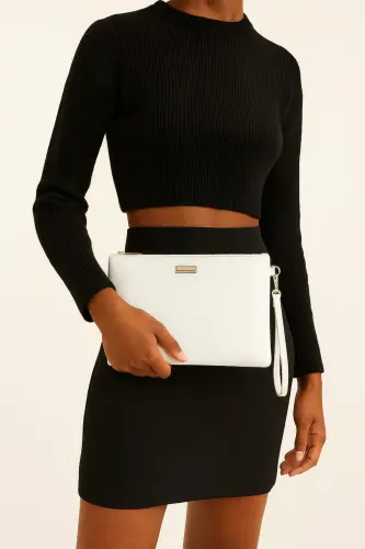 Metal Aksesuarlı El Askılı Portföy Clutch Çanta-Beyaz 