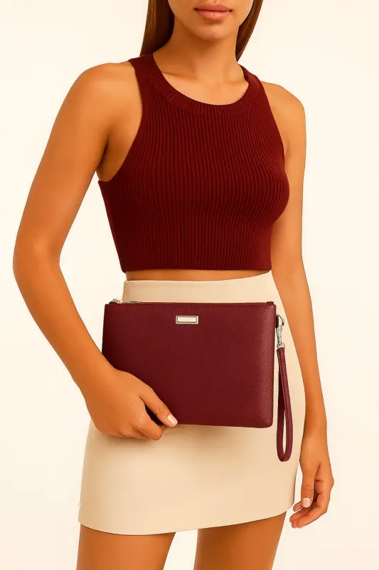 Metal Aksesuarlı El Askılı Portföy Clutch Çanta-Bordo - 1