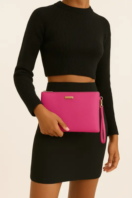 Metal Aksesuarlı El Askılı Portföy Clutch Çanta-Pembe - BAGFONI