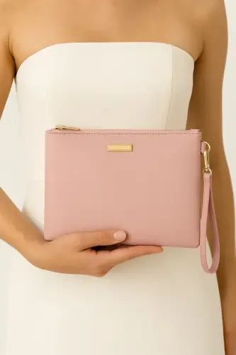 Metal Aksesuarlı El Askılı Portföy Clutch Çanta-Pudra 