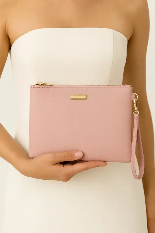 Metal Aksesuarlı El Askılı Portföy Clutch Çanta-Pudra - 1