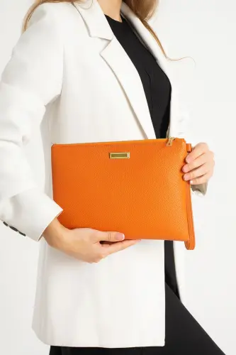 Metal Aksesuarlı El Askılı Portföy Clutch Çanta-Turuncu 
