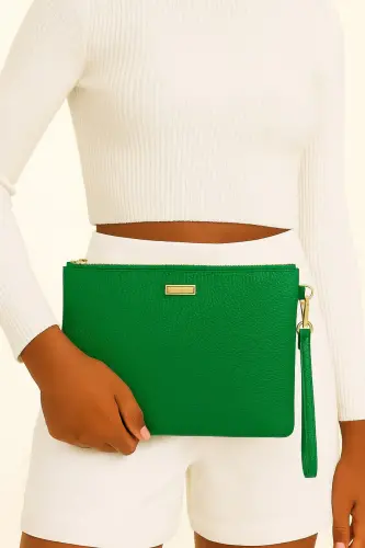 Metal Aksesuarlı El Askılı Portföy Clutch Çanta-Yeşil 