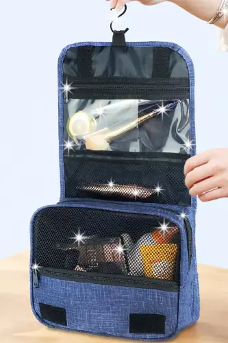 Metal Askılı Lacivert Seyahat Makyaj Çantası Taşınabilir Büyük Makyaj Çantası Kozmetik Çantası - 5