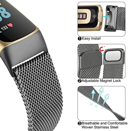 Metal Band Fitbit Charge 5 Bands for Women Men uchun, Zanglamaydigan Po'lat Bilaguzuk Mesh Bilaguzuk Fitbit Charge 5 uchun almashtirish tasmasi - 6