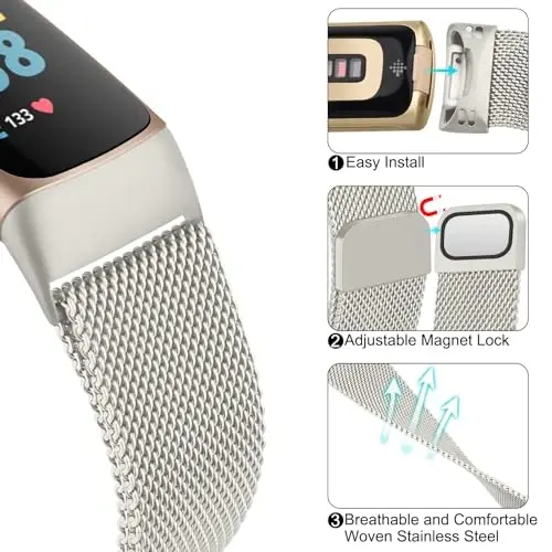 Metal Band for Fitbit Charge 5 Bands for Women Men, Stainless Steel Wristband Mesh Bracelet Replacement Strap for Fitbit Charge 5 - 6