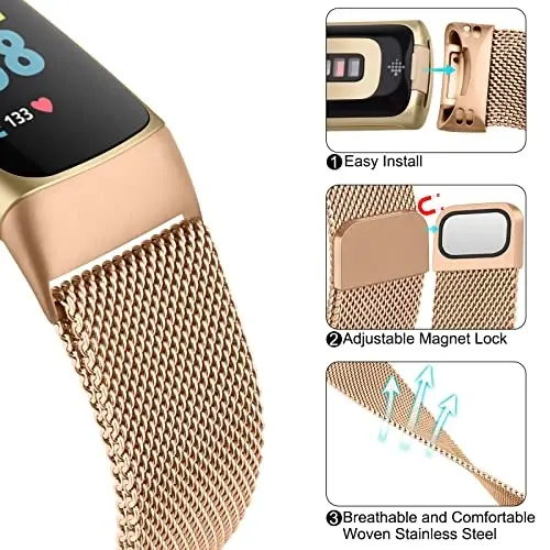 Metal Band for Fitbit Charge 5 Bands for Women Men, Stainless Steel Wristband Mesh Bracelet Replacement Strap for Fitbit Charge 5 - 6
