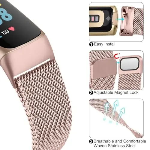 Metal Band for Fitbit Charge 5 Bands for Women Men, Stainless Steel Wristband Mesh Bracelet Replacement Strap for Fitbit Charge 5 - 7